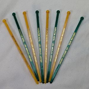 Vintage LAX Sheraton Hotel Los Angeles Lot of 8 Swizzles 4 Yellow 4 Green